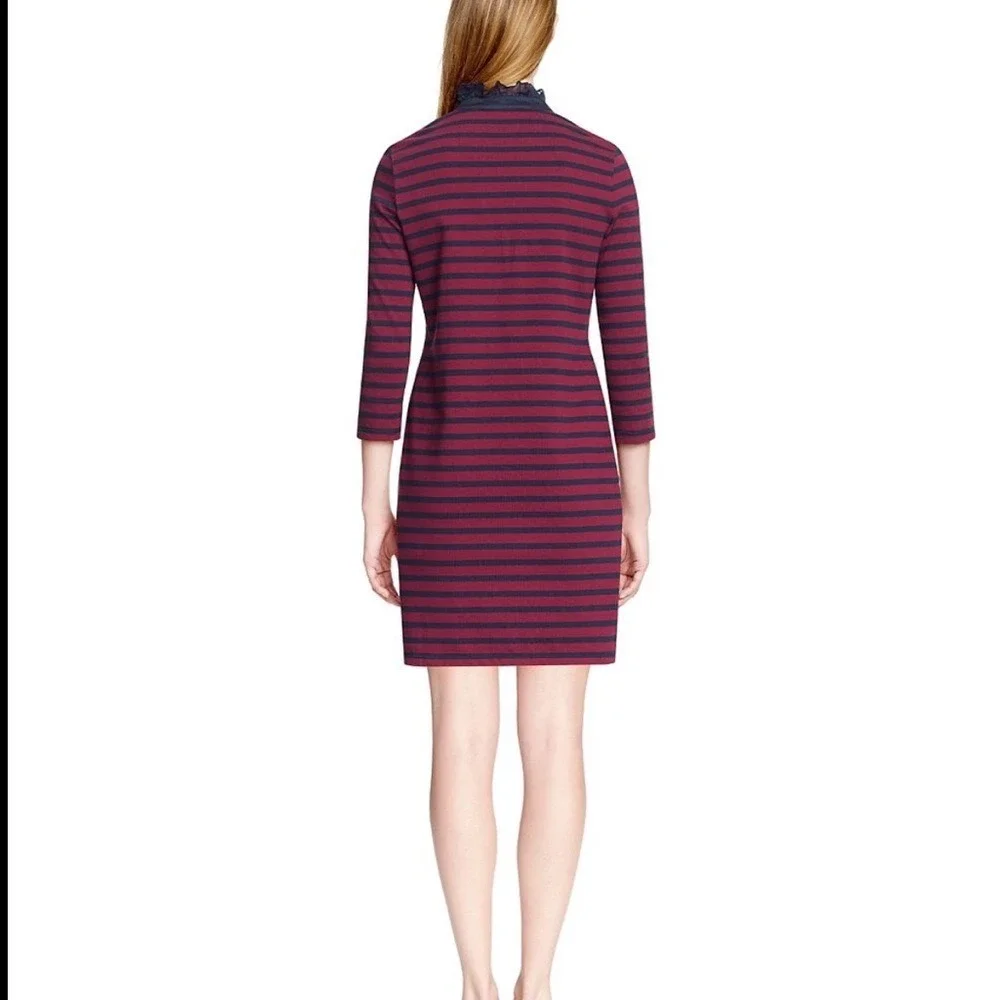 Tory Burch Striped Ruffle Collar T-Shirt Dress Burgundy Navy Blue Cotton Medium